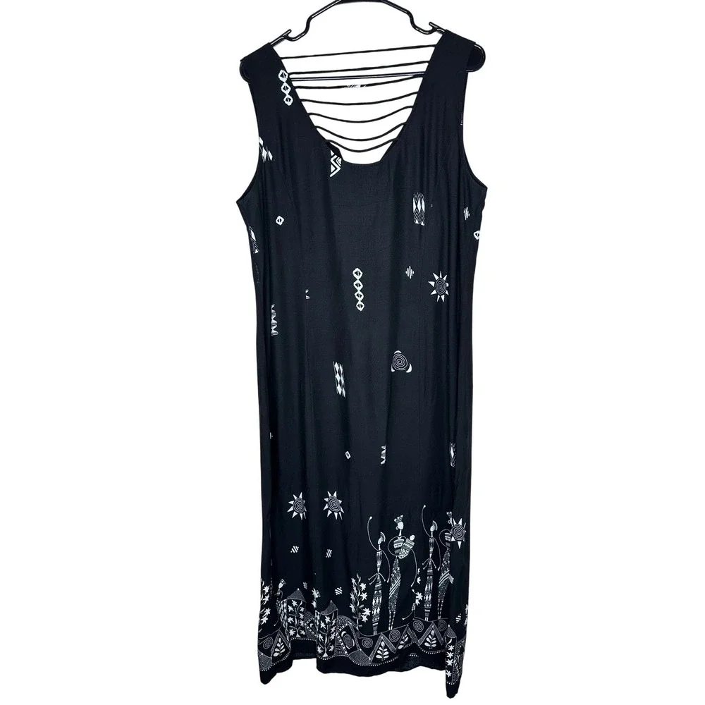 R&K Originals Woman Black White Tribal Print Button Front Midi Dress 16W VTG
